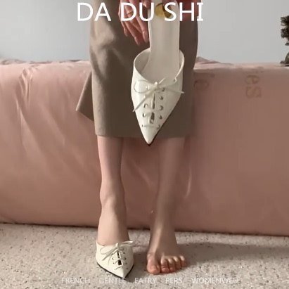 羊皮版~小众设计感细跟凉鞋女蝴蝶结绑带尖头包鞋性感御姐高跟鞋