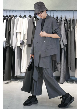 5 PENNIES YD设计师款原创秋季不规则V领灰色西装外套5S0928021