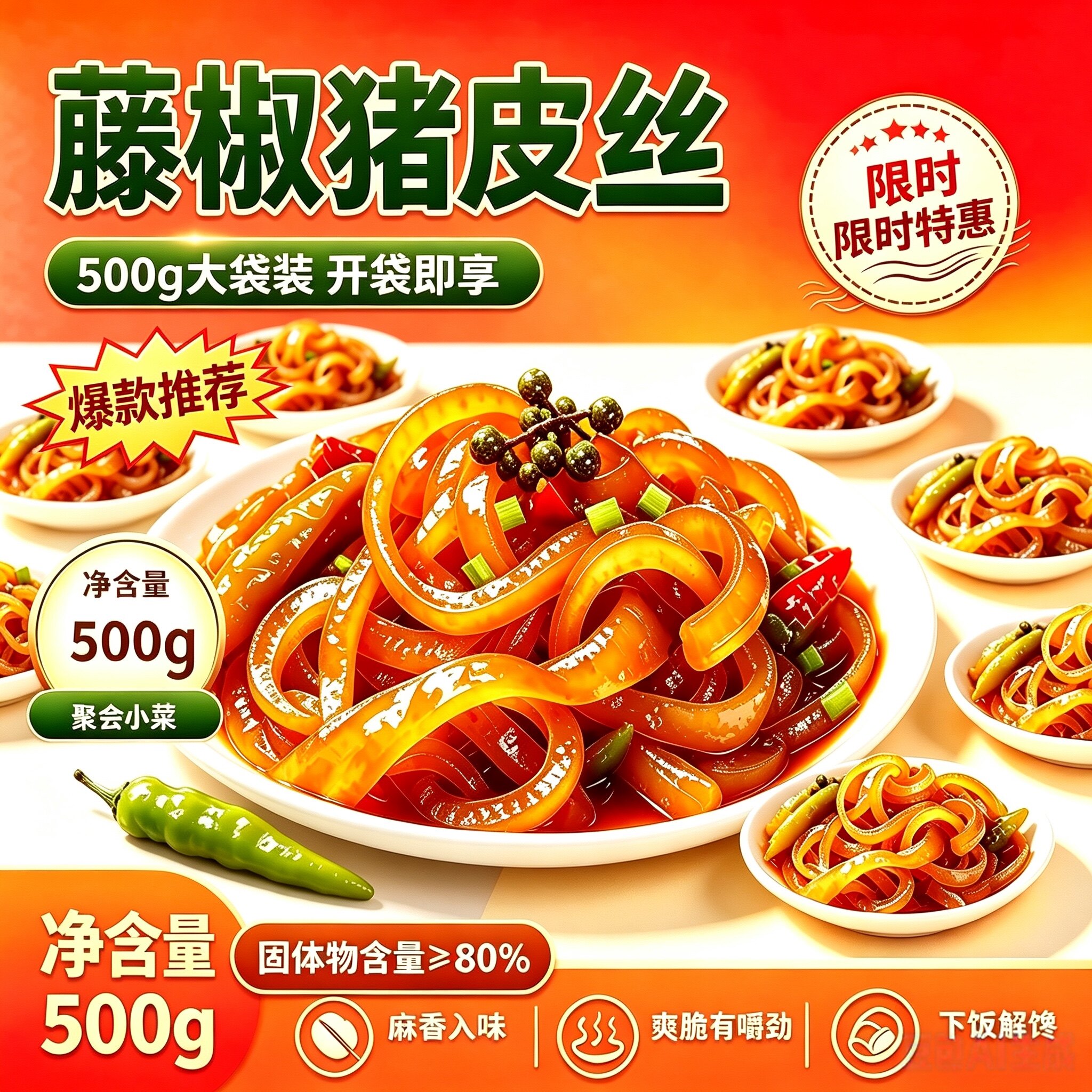 藤椒麻辣猪皮凉拌即食500g大袋
