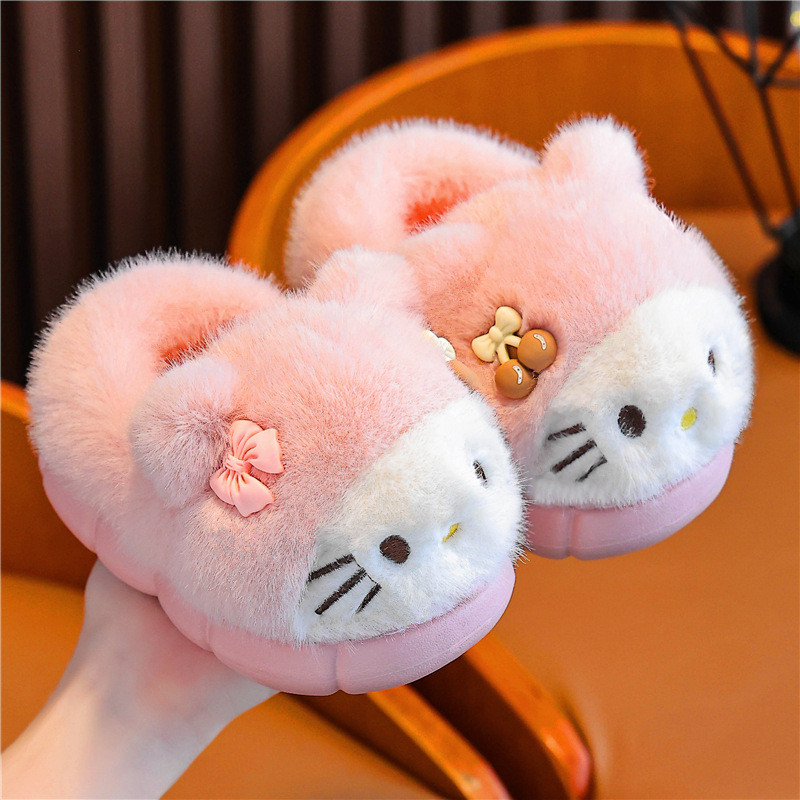 女童冬季加厚保暖舒适防滑居家包跟毛毛绒棉拖鞋中小童