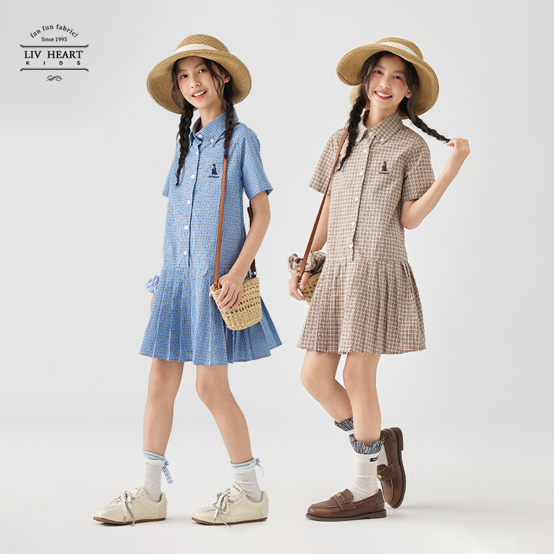 Livheartkids女大童格子衬衫连衣裙夏季2025新款儿童女孩裙子女童