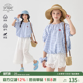 衬衫 女大童刺绣蓝白格短袖 2026夏清仓女童衬衣上衣 kids livheart