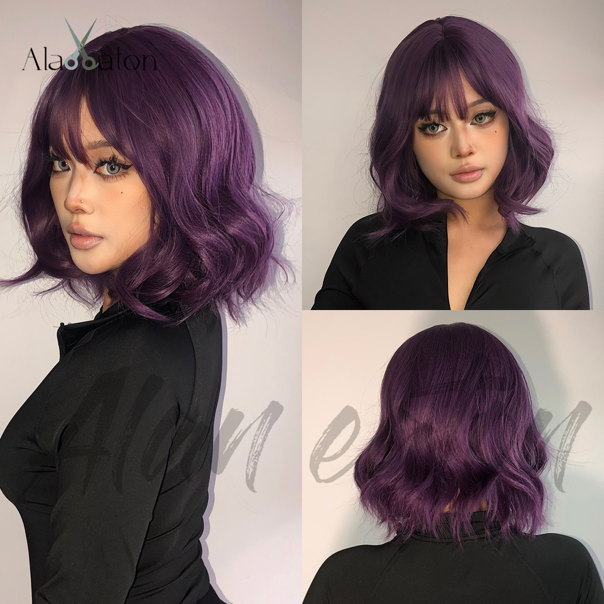 欧美紫色短卷发带空气刘海全头套假发Short curly wigs purple