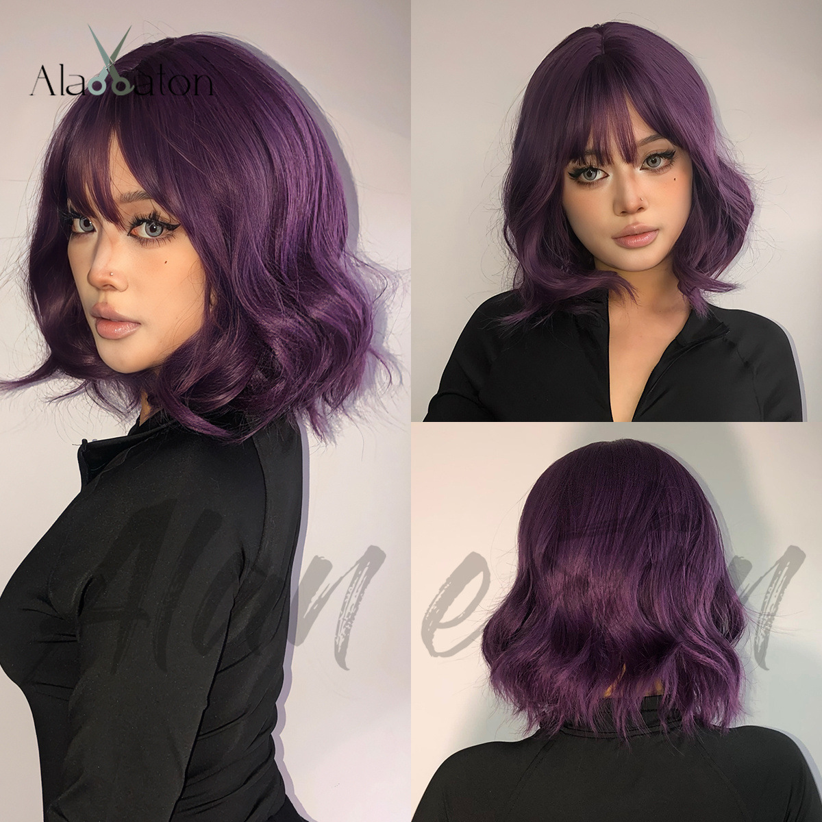 欧美紫色短卷发带空气刘海全头套假发Short curly wigs purple 美发护发/假发 日常整顶假发 原图主图