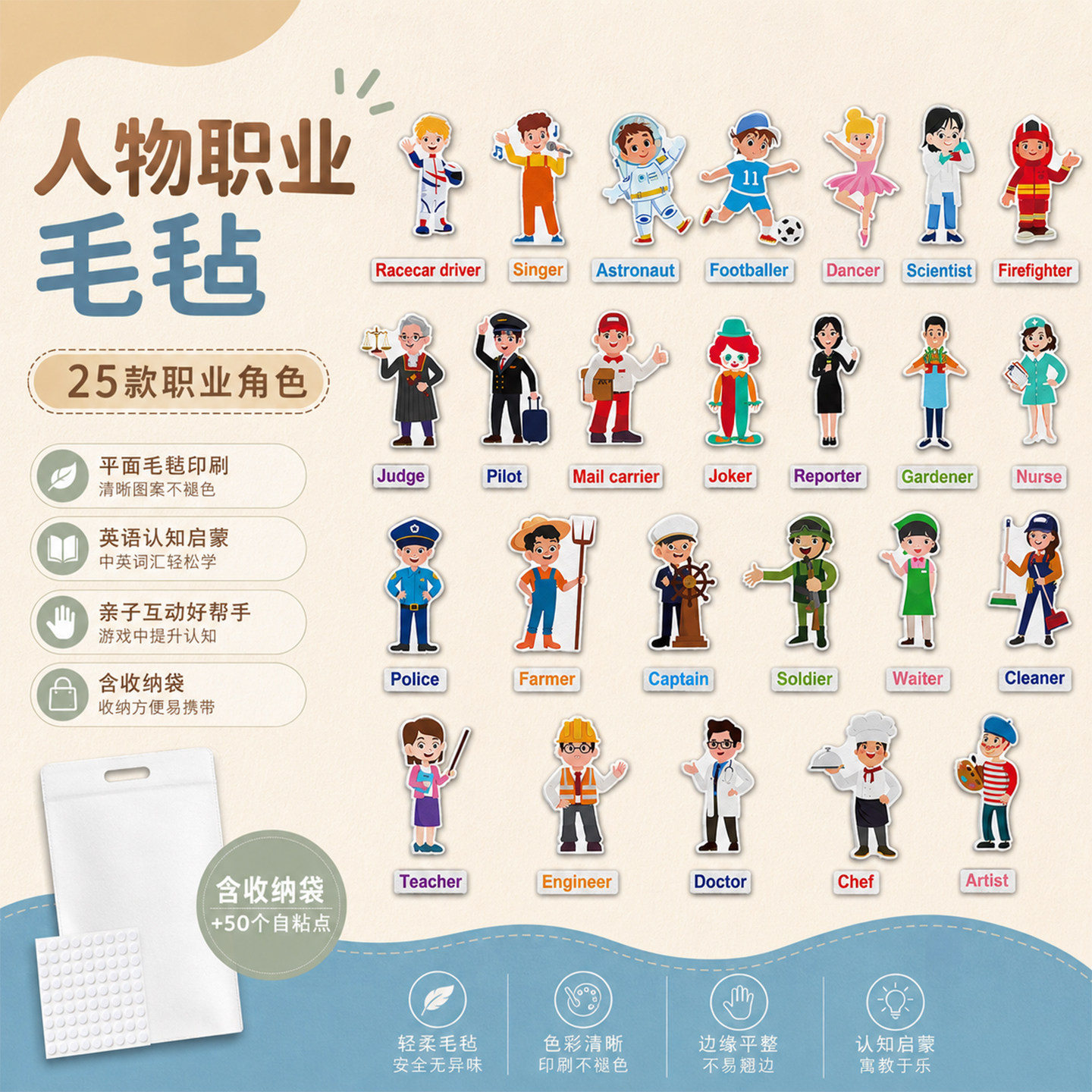 卡通人物职业毛毡片学英语教具