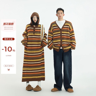 吴童自制 毛衣裙 撞色条纹卫衣连帽连衣裙女秋冬韩系直筒宽松长款