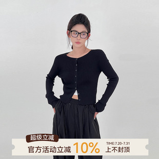 女夏季 上衣 黑色圆领长袖 短款 吴童童 防晒衫 韩系修身 针织开衫 薄款