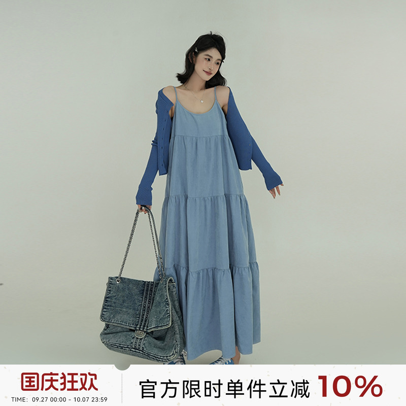 蓝色露背无袖吊带连衣裙