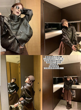 吴童童PU皮立领长袖机车皮衣外套