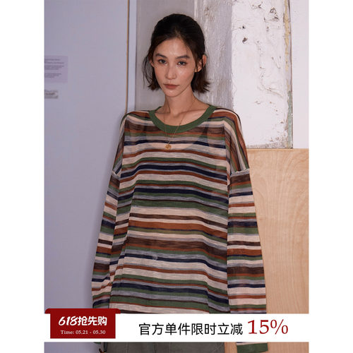 吴童童条纹薄款圆领长袖针织衫