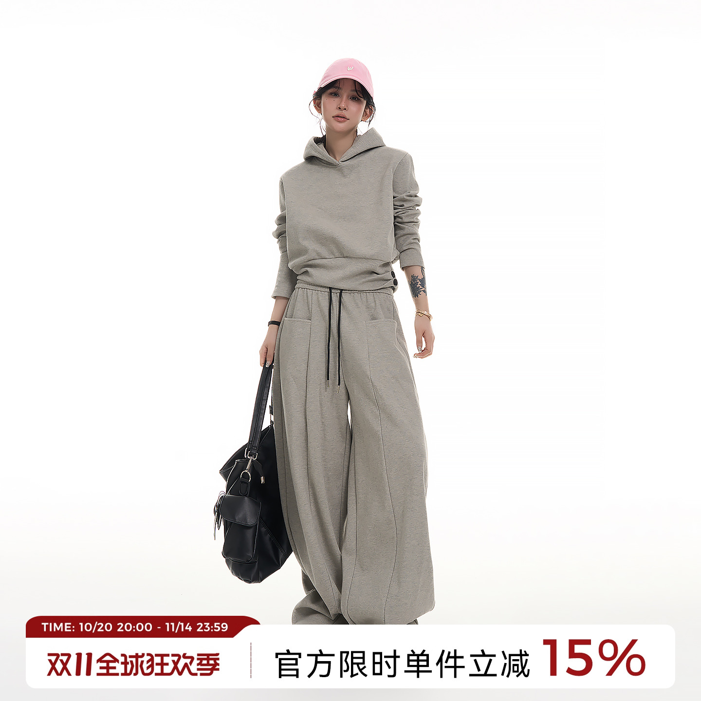 吴童童设计感收腰连帽长袖卫衣