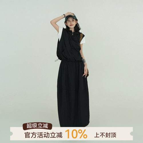 黑色薄款高腰中长款工装半身裙