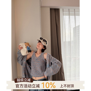 吴童童彩色长袖针织毛衣外套女秋韩系慵懒风显瘦背心上衣两件套装