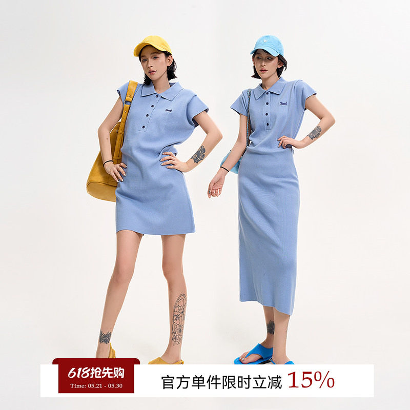 吴童童翻领刺绣短袖针织连衣裙女夏季韩系设计感收腰显瘦A字裙子
