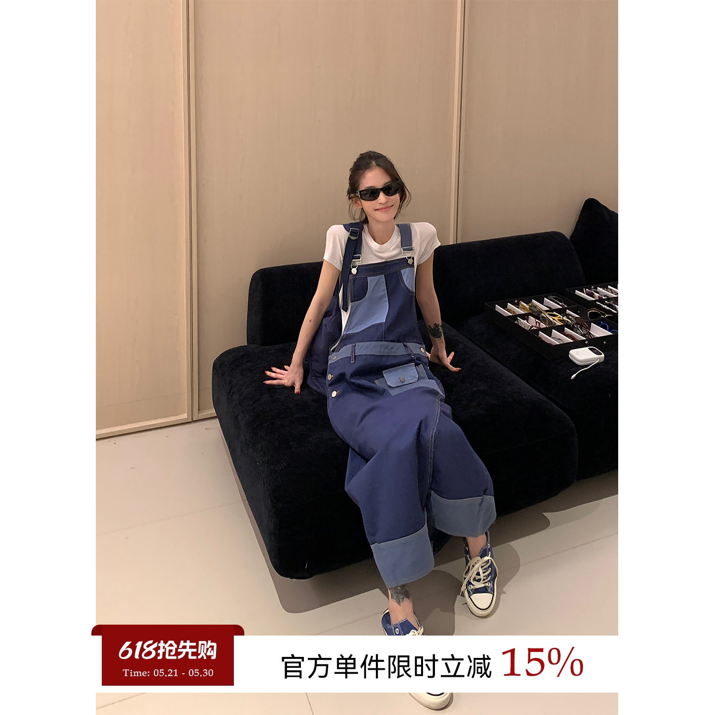 吴童童蓝色开叉牛仔背带连衣裙女夏季韩系休闲宽松显瘦a字长裙子