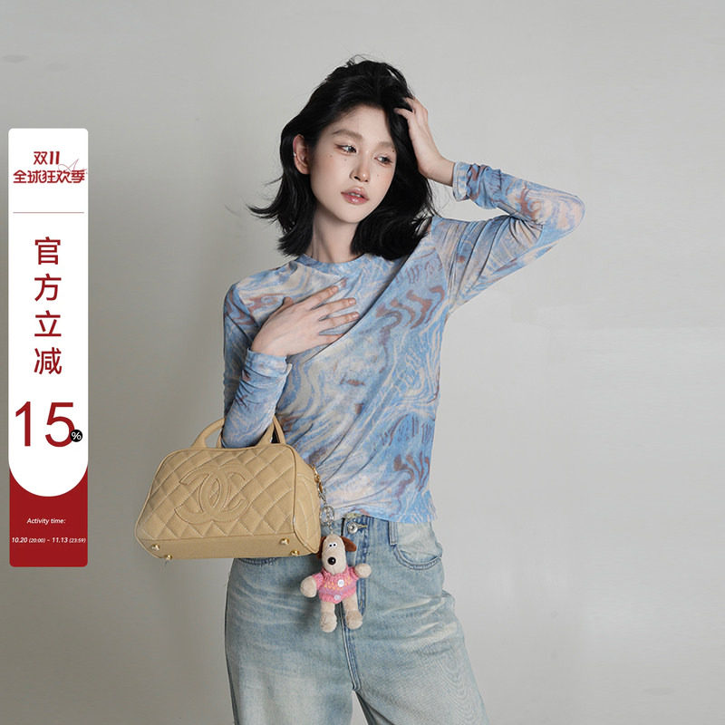 吴童童蓝色扎染网纱长袖T恤女秋季新款韩系修身百搭圆领罩衫上衣