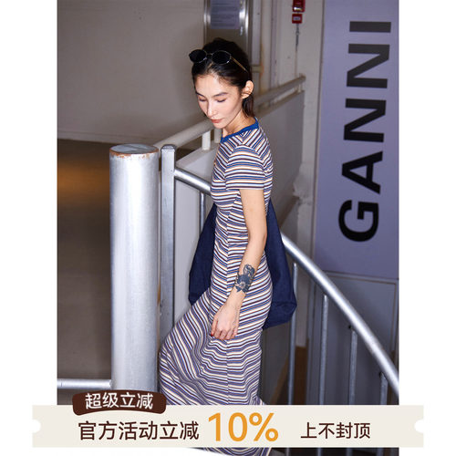 撞色条纹圆领短袖a字连衣裙