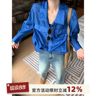 吴童童莱赛尔天丝蓝色POLO领长袖衬衫女夏季韩版气质宽松开衫上衣