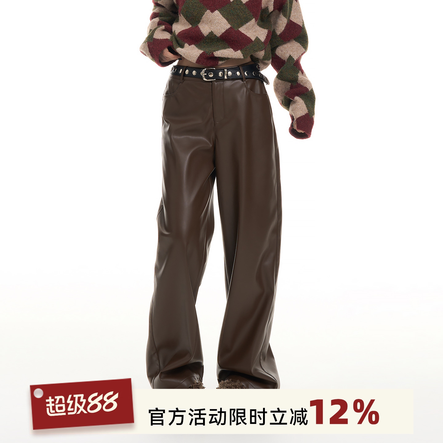 吴童童PU皮高腰阔腿直筒皮裤