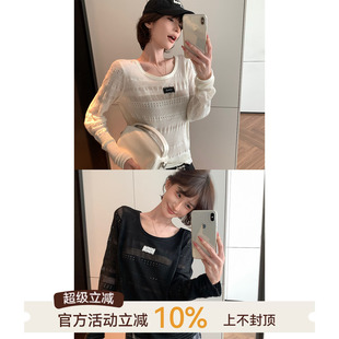 吴童童镂空透气U领长袖针织衫女秋新款韩系百搭宽松显瘦薄款上衣