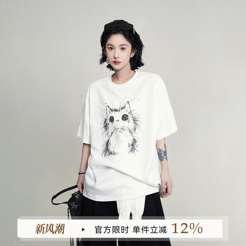 吴童童印花设计感圆领短袖T恤图片