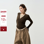 吴童童假两件设计感圆领正肩长袖 T恤女秋冬韩系修身 显瘦打底上衣