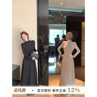 吴童童半高领长袖打底a字连衣裙女秋冬新款韩系收腰显瘦大摆裙子