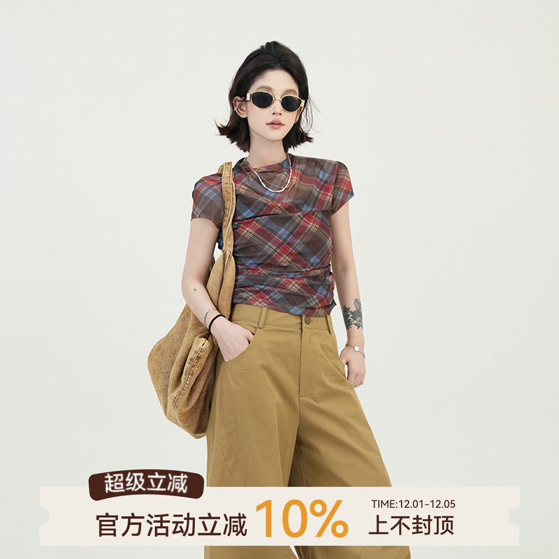 格子褶皱吊带背心罩衫背心两件套