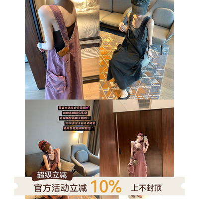 复古做旧无袖牛仔背带连衣裙