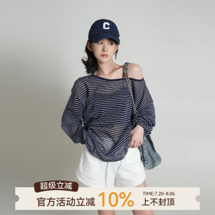 新款 韓系寬松薄款 條紋圓領(lǐng)防曬長袖 罩衫 上衣 針織T恤女夏季 吳童童