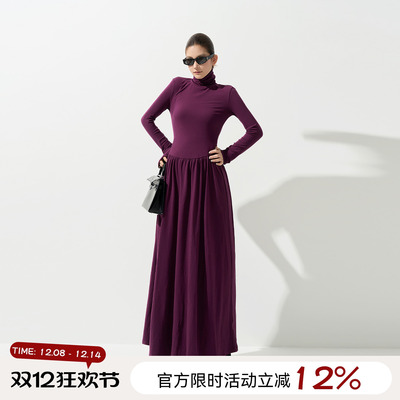 吴童童高领收腰正肩长袖连衣裙