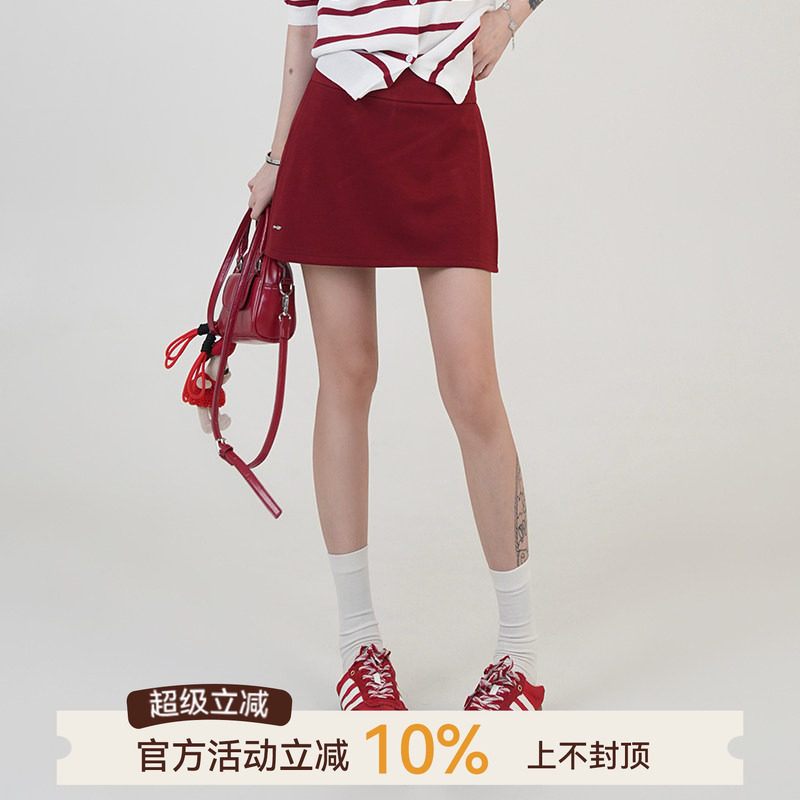 吴童童红色高腰开叉半身裙女夏季新款韩系设计感包臀短款A字裤裙 - 实物图