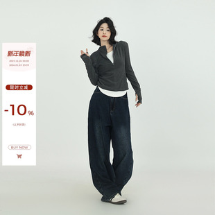 打底衫 紧身长袖 上衣 假两件小众设计内搭T恤女秋冬韩系修身 吴童童