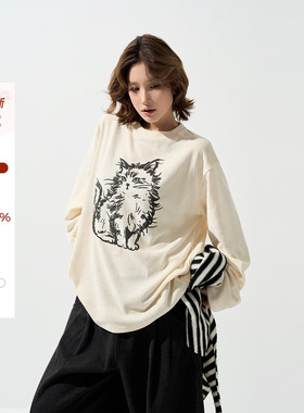 吴童童卡通植绒圆领长袖内搭T恤女秋冬韩系慵懒宽松百搭套头上衣