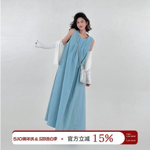 蓝色海边度假风无袖背心连衣裙