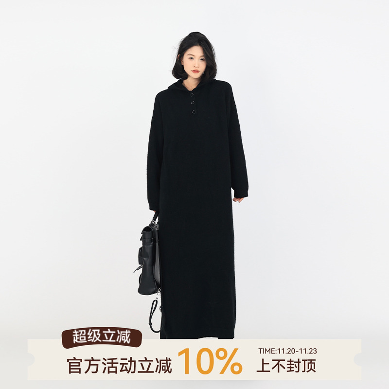 过膝遮肉纯色气质连衣裙