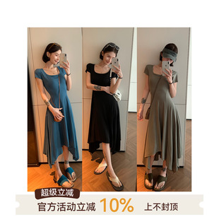 吴童童纯色方领短袖不规则连衣裙女夏季韩系收腰显瘦中长款a字裙