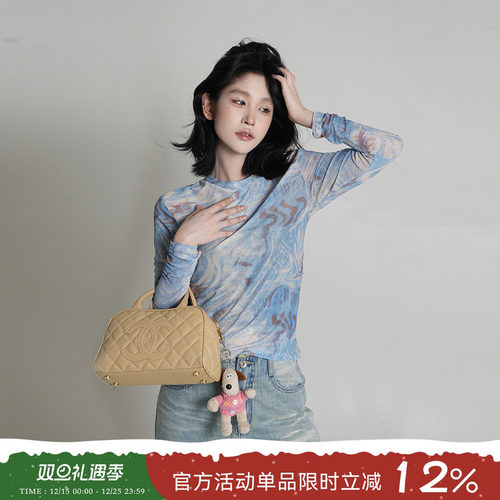 蓝色扎染网纱长袖T恤韩系