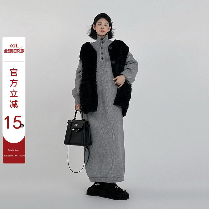 吴童自制 灰色慵懒风针织连衣裙女秋冬韩系大码长款过膝毛衣裙子