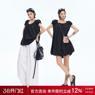 吴童童气质U领泡泡袖连衣裙女夏季韩系设计感宽松显瘦休闲短裙子