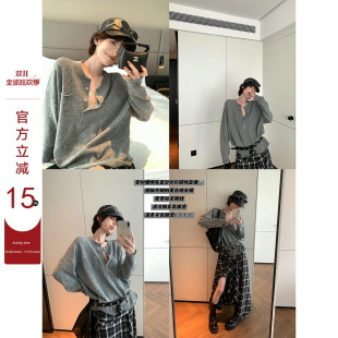 吴童童纯色薄款圆领长袖针织毛衣女秋韩系百搭宽松显瘦半开领上衣