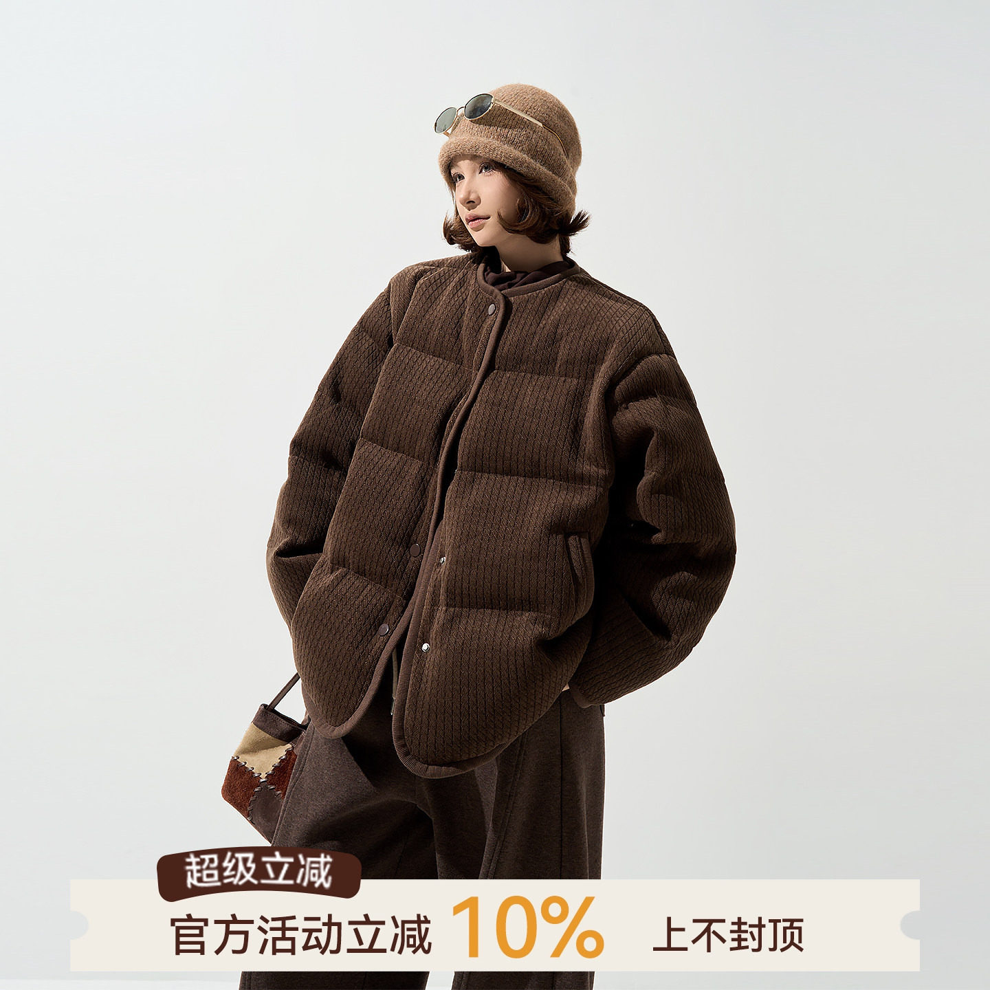 吴童童加厚圆领长袖棉服外套女秋冬新款韩系复古宽松保暖开衫上衣