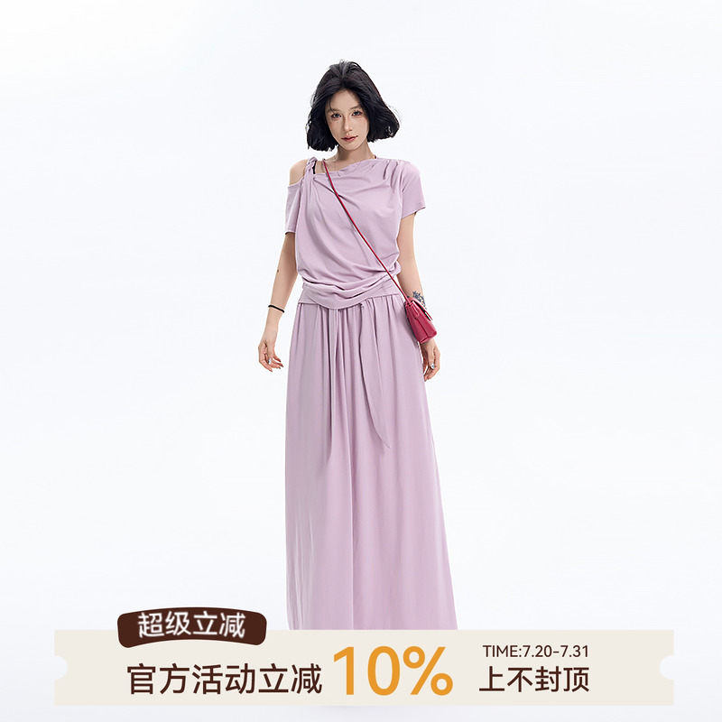 吴童童褶皱斜肩短袖T恤女夏季韩系气质露肩宽松显瘦上衣半裙套装