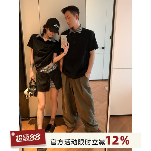 黑色格纹polo领短袖T恤套装