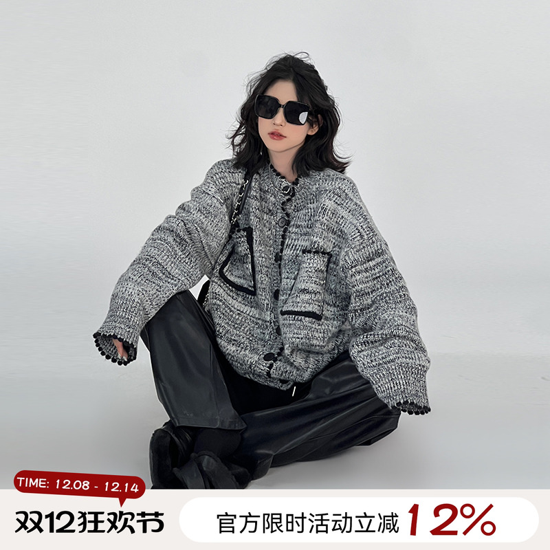 灰色长袖针织毛衣开衫外套女秋