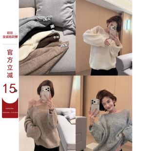 吴童童纯色斜肩套头长袖针织衫女秋季新款韩系慵懒风宽松显瘦上衣