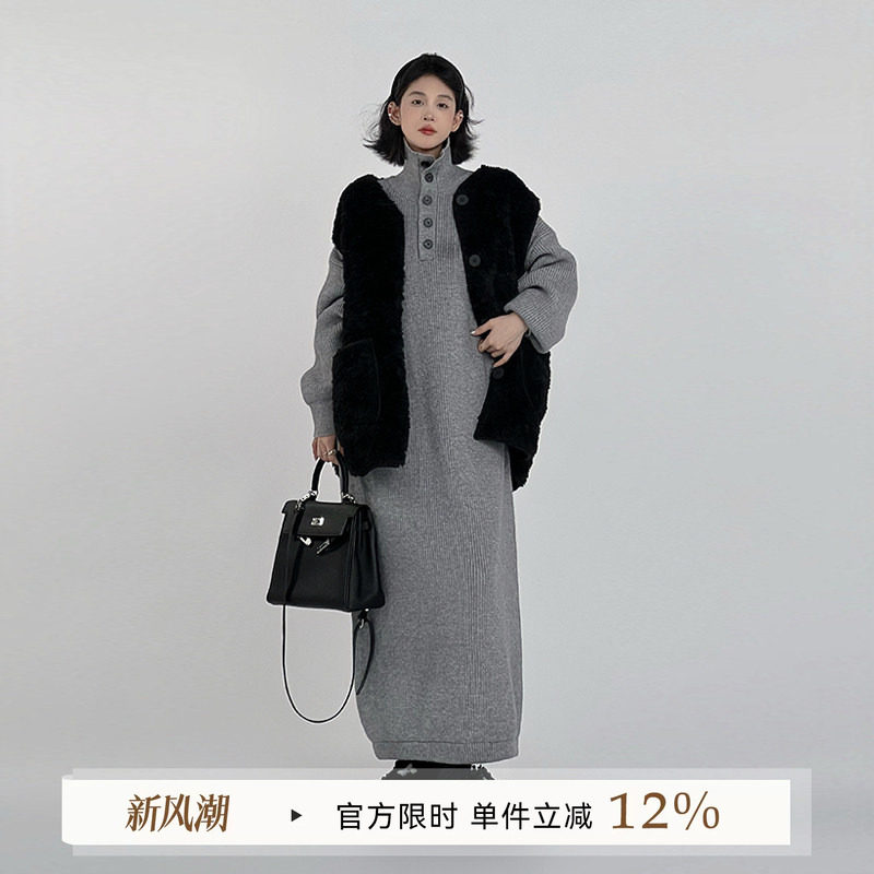 慵懒风针织连衣裙立领宽松遮肉秋图片