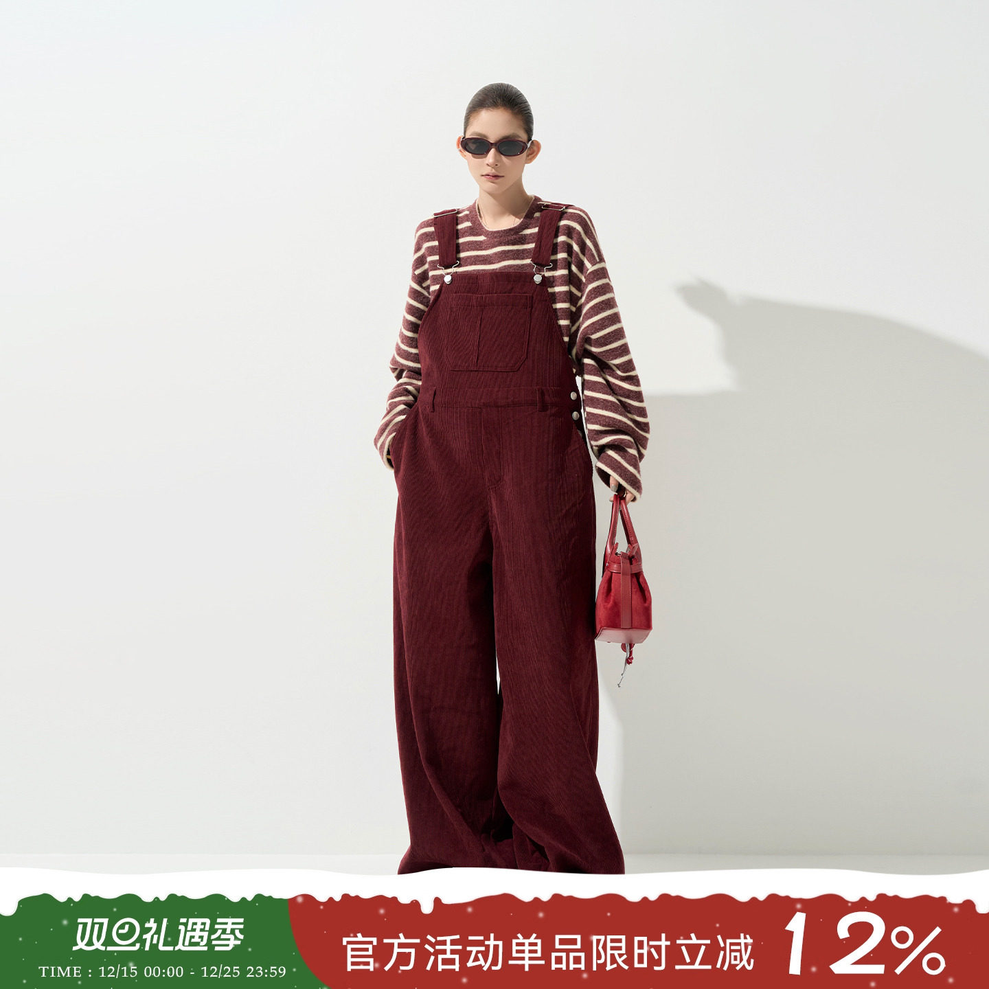 吴童童加厚灯芯绒阔腿直筒背带裤