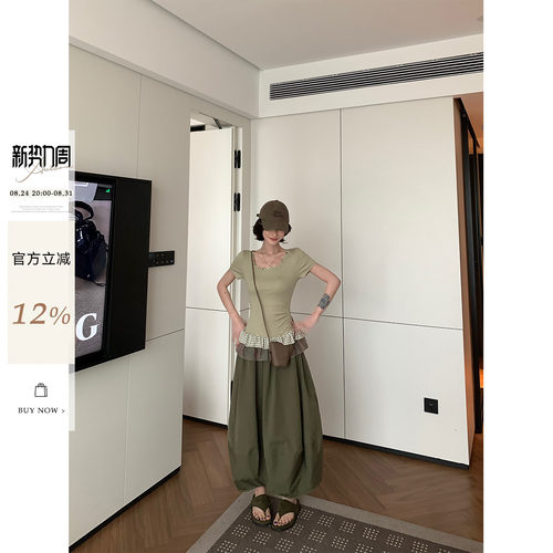 假两件拼接U领短袖T恤连衣裙