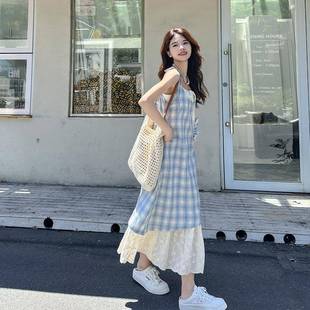 夏季 蓝色格子吊带裙连衣裙女2025新款 假两件海边穿搭裙子度假长裙